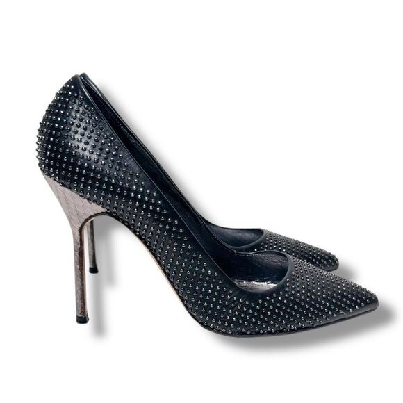 Manolo Blahnik Black Small Silver Studs Metallic Silver Snakeskin Heel Pump 36.5 - Picture 2 of 10